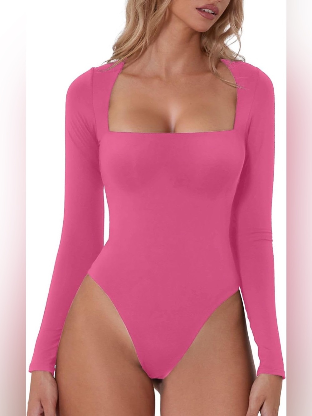 Square Neck Long Sleeve Bodysuit in Pink